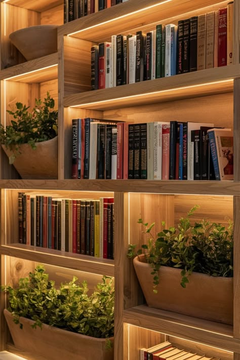 Redefine your book storage with thick wooden shelves enhanced by warm LED lighting. Create a cozy vibe by adding planters and earthy decor, turning your wall into an elegant yet functional display#CozyBookshelf #HomeLibraryGoals #LEDDecor #WoodenShelves #InteriorStyling #BookLoversDecor #ModernRustic #GreeneryAndBooks #WarmLighting #FunctionalArt Book Shelves With Lighting, Pretty Book Shelf, Lit Up Bookshelves, Led Light Bookshelf, Unique Wall Bookshelves, Light Up Bookshelf, White Floating Bookshelves, Light In Bookshelf, Custom Book Shelf