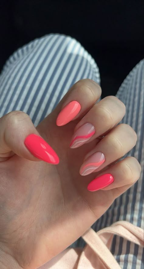 Almond Shaped Nails Designs Spring 2023, Spring 2023 Almond Nails, Aruba Inspired Nails, Summer Vacation Nails Acrylic Almond, Summer Nails Inspiration Almond Shape, Nails Acrylic Almond Summer Colors, Spring Nails 2023 Gel Almond Shape, Summery Almond Shaped Nails, Gel Nail Ideas Almond Shape