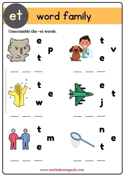 Et Words Worksheet, Family Words Worksheets For Kids, Et Word Family, An Word Family Worksheet, Og Word Family Worksheets, Og Family Words Worksheet, Am Family Words Worksheet, Et Word Family Worksheet, Ick Word Family Worksheets