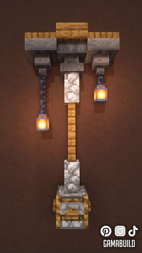 Mc Lamp Ideas, Minecraft House Ideas Unique, Minecraft Streetlight Design, Lamp Post Design Minecraft, Mincraft Lamppost, Lantern Design Minecraft, Lantern Ideas Minecraft, Streetlights Minecraft, Minecraft Medieval Furniture