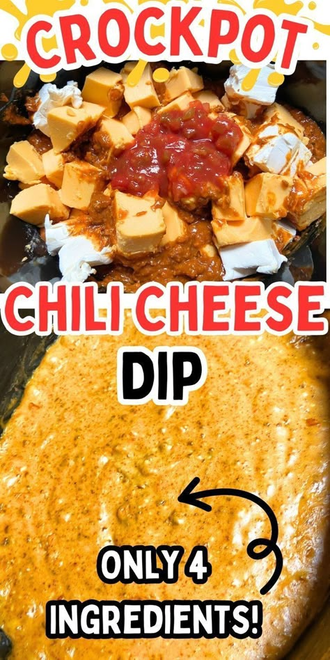 Get the party started with crockpot chili cheese dip! It's a quick 4-ingredient dip you can make ahead and heat in the crockpot. This slow cooker chili cheese dip uses Velveeta, cream cheese, chili, and salsa. With just a few ingredients, you can make it in minutes for group parties, family gatherings, and more! Crockpot Chili Cheese Dip, Easy Crockpot Dips, Chili Cheese Dip Crockpot, Cream Cheese Chili, Queso Dip Crockpot, Chili Cheese Dip Recipes, Cheese Dip Crock Pot, Dip Recipes Crockpot, Slow Cooker Dips