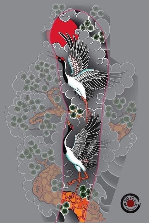 Crane Tattoo Design Ideas, Japanese Garden Design Tattoo, Japanese Tattoo Crane, Tattoos For Men Japanese, Sleeve Tattoos Japanese, Japanese Tattoo Art Traditional, Tattoos Japan, Tattoos Japanese, Japanese Tattoos For Men