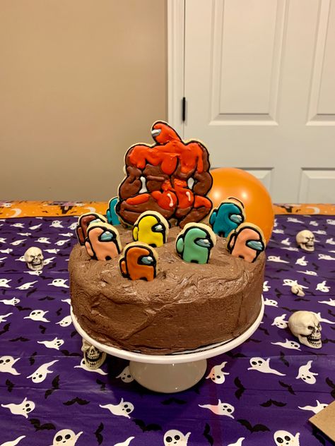 Royal icing decor sugar cookie chocolate cake with fun among us character memes Cursed Birthday Cake, Silly Birthday Cake, Cursed Birthday, Silly Cakes, Weird Cakes, Meme Cake, 4 Besties, Among Us Cake, Cursed Cakes