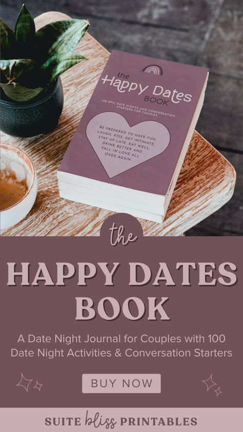 Do you struggle to come up with new date ideas? Then a couples date book may be just what you need! That’s why we’ve created a couple's date night book called The Happy Dates Book. It’s filled with awesome date ideas, conversation starters, a journal entry, AND a place to stick a photo from your date so you can remember it forever-ever 😍 Random Conversation Starters, Conversation Topics For Couples, Date Night Activities, Journal For Couples, Open When Letters For Boyfriend, Anniversary Gifts For Your Boyfriend, Night Journal, Thoughtful Christmas Presents, Date Night Jar