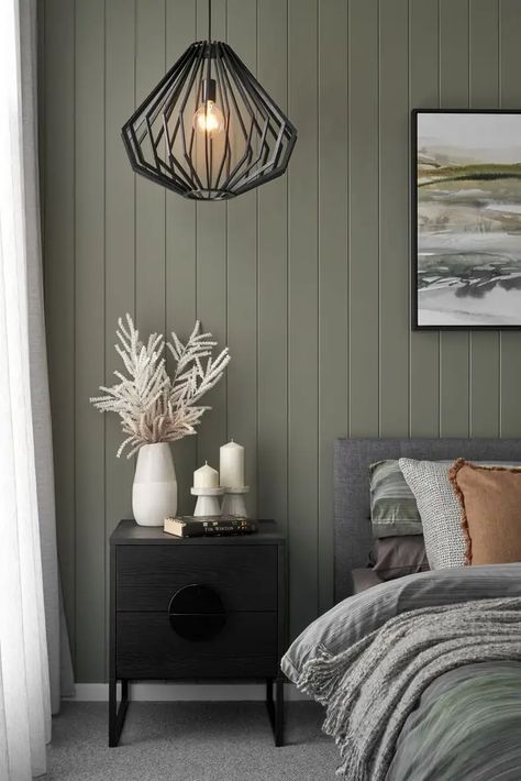 Antique Pewter 1560 (Benjamin Moore): What Color Is, Review, and Use - Hackrea Green Master Bedrooms Decor, Bedroom Ideas Scandinavian, Vj Panelling, Dark Green Bedroom Ideas, Forest Green Bedrooms, High Ceiling Bedroom, Dark Green Bedroom, Olive Green Bedrooms, Rustic Bedroom Ideas