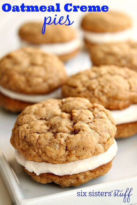 Oatmeal Creme Pies | Six Sisters' Stuff Oatmeal Creme Pies, Oatmeal Creme Pie, Oatmeal Cream Pies, Cookie Sandwiches, Homemade Oatmeal, Food Cookies, Oatmeal Cookies Chewy, Six Sisters, Oatmeal Cream