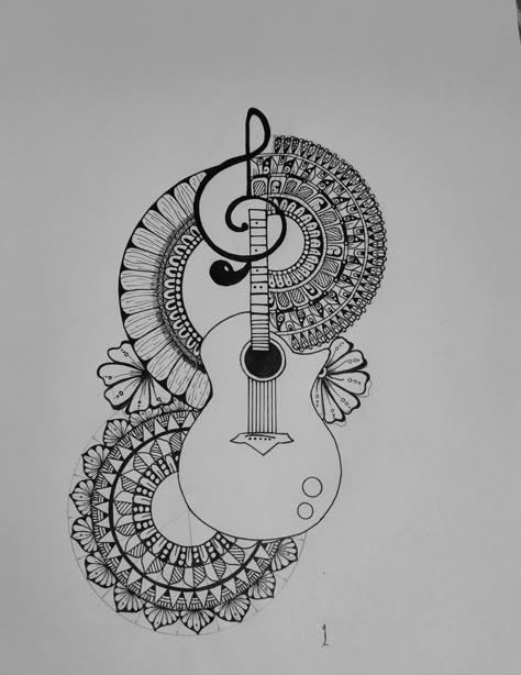 Mandala pattern Small Design Drawing, Mandala Book Tattoo, Guitar Mandala Drawing, Mandala Art Music, Music Drawings Ideas Creative, Drawing Ideas Guitar, Music Mandala Art, Guitar Mandala Art, Mandala Art Ideas Creative