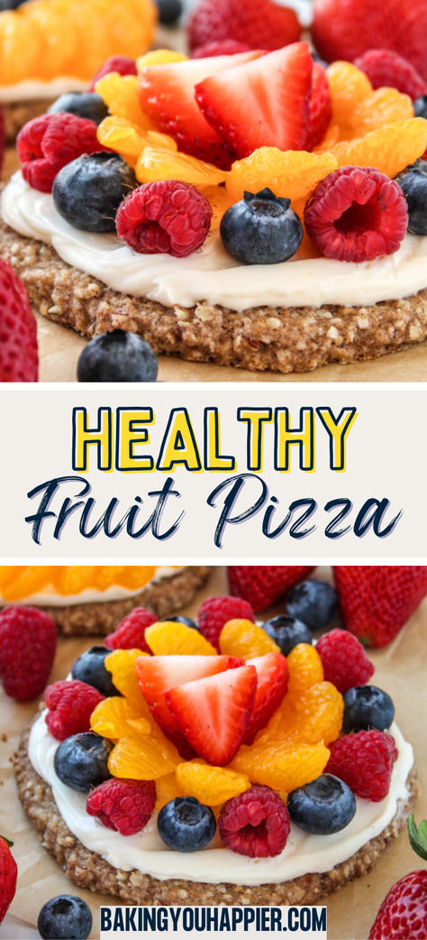 Healthy Fruit Pizza, a simple crust made with a few healthy ingredients, lightly sweetened, and topped with a creamy spread and fresh fruit! Cookie Pizza Recipe, Healthy Fruit Pizza, Fresh Fruit Desserts, Sweet Easy Recipes, Healthy Dessert Recipes Easy, Fruit Pizza Recipe, Healthy Donuts, Food Easy Recipes, Clean Eating Recipes For Dinner