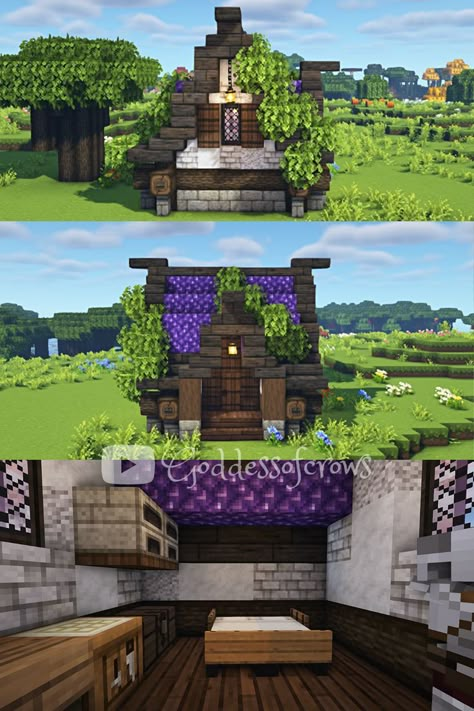 This week we're building a tiny amethyst survival cottage in Minecraft! Full tutorial on Youtube! Minecraft Houses Tiny, Tiny House Minecraft Ideas, Cute Tiny Minecraft Houses, Tiny Houses Minecraft, Minecraft House With Amethyst, Amethyst Roof Minecraft, Small Witch Hut Minecraft, Tiny Home Minecraft, Amethyst Cottage Minecraft