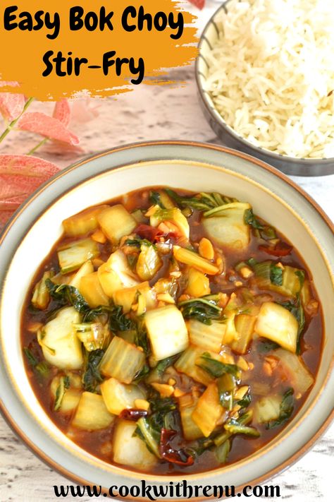 Easy Bok Choy Stir-Fry served in a grey bowl with brown lining. Seen in the background is some rice. Pok Choi, Wok Cooking, Vegetable Side Dish, Goan Recipes, Pak Choi, Harvest Recipes, Vegetable Side, Fried Vegetables, Quick Weeknight Dinners