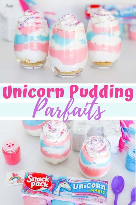 ad: Unicorn pudding parfaits, made with Limited Edition Unicorn Magic Snack Pack Pudding Cups, are an easy no-bake dessert perfect for unicorn lovers and unicorn parties. #YasssUnicorn #UnicornSnackPack #UnicornMagic #UnicornParty #UnicornLover #NoBakeDessert #EasyDessertRecipes #Parfait #EasyDessert Unicorn Pudding, Unicorn Fluff, Unicorn Recipes, Pudding Parfait Recipes, Recipes For Kids To Make, Parfait Bar, Snack Pack Pudding, Unicorn Desserts, Parfait Cups