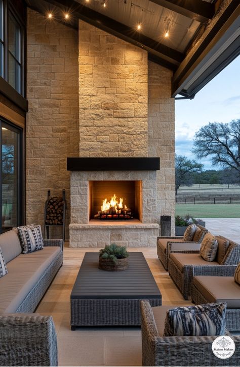 Transform your outdoor living space into a cozy retreat with a stunning hearth as the centerpiece. Discover how brick or stone mantels can enhance your aesthetic, while adding rustic charm with exposed wooden beams. Ideal for entertaining, these fireplaces offer easy maintenance without complex chimney systems. Opt for convenient electric or gas models and consider a sheltered big-screen TV above to complete the perfect porch ambiance. Learn more about Fireplace. Outdoor Fireplace Patio Covered, Outdoor Patio Ideas With Fireplace, Barndominium Fireplace, Porches With Fireplaces, Back Patio Makeover, Contemporary Outdoor Fireplaces, Covered Deck Designs, Backyard Exterior, Fireplace Farmhouse