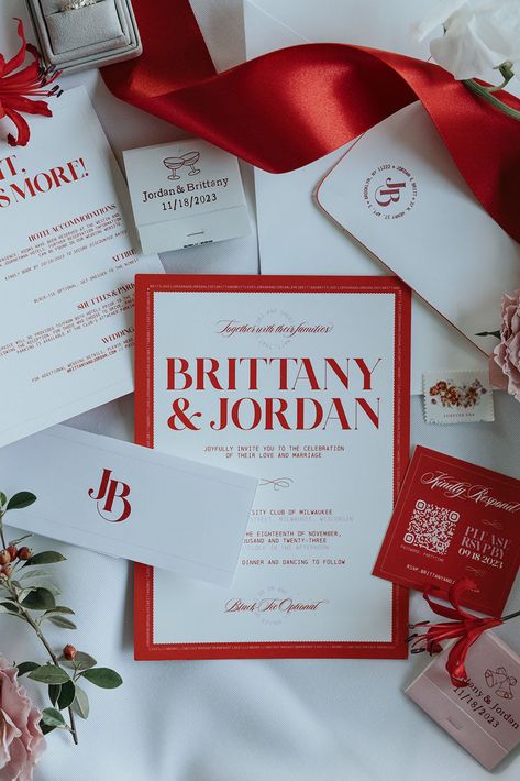 bold red + white wedding invitations for a chic, nostalgic holiday wedding Red Wedding Ceremony, Black White And Red Wedding, Red White Wedding, Couple Dates, Rosewood Wedding, Pilates Logo, Red And White Wedding, Jazz Clubs, Wedding Atelier