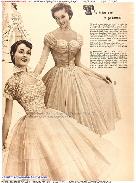 1955 Sears Spring Summer Catalog, Page 12 - Catalogs & Wishbooks Old Style Dresses Vintage 1950s, 1950s Girl, 1950s Fashion Women, Lace Shrug, Vintage Dance, Retro Looks, Lace Evening Gowns, Fifties Fashion, Full Length Gowns