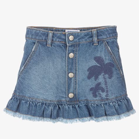 Denim Ruffle Skirt, Denim Skort, Skirts For Kids, Adjustable Waistband, Girls Denim, Blue Skirt, Skirt Design, Ruffle Skirt, Kids Clothing