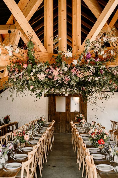 Flower Hanging Decor Spring Woolas Barn Wedding Hayley Baxter Photography #wedding #barnwedding #weddingflowers Hunters Wedding, Barn Wedding Cakes, Spring Time Wedding, Floral Canopy, Village Hall Wedding, Rustic Wedding Backdrops, Barn Wedding Ideas, British Wedding, Wedding Arch Flowers