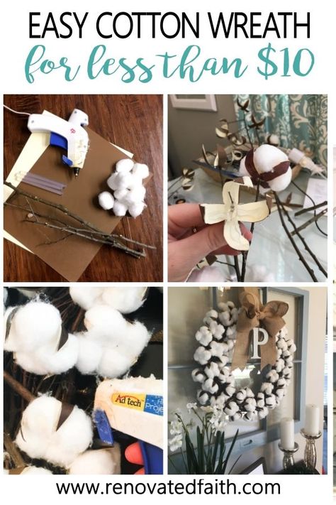 Crafts With Cotton Balls, Cottonball Wreath, Cotton Ball Wreath Diy, Real Cotton Decor Diy, Cotton Boll Ornaments, Cotton Bole Wreaths, Wreath With Cotton Stems, Cotton Boll Wreath, Cotton Decor