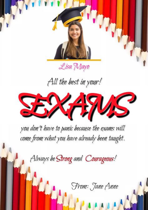 All the best in your Exam success card. wishing a candindate good will as they do their examinations. Message Exam Wishes Good Luck Messages For Girlfriend, Success Messages For Exams, Success Cards For Exams Design, Success Cards For Exams, Examination Wishes, Exam Success Wishes, Success Cards, Best Wishes For Exam, Free Printable Wall Art Quotes