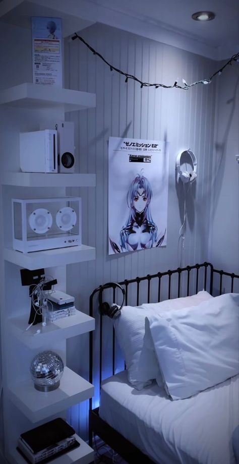 room inspo Cybercore Bedroom, Cybercore Room, Blue Cybercore, Futuristic Room, Futuristic Bedroom, Blue Room Decor, Tech Room, Cybercore Aesthetic, Purple Bedrooms