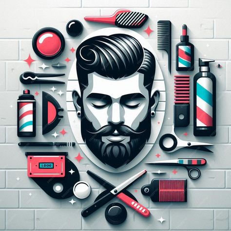 Premium Photo | 3D illustration of a mens barber shop logo with shaving supplies and a man with a beard3D illustrat Beard Man Illustration, Barber Shop Logo, Mens Barbershop, Barber Logo, Shaving Supplies, Man Illustration, Stationery Templates, Flyer Maker, Business Card Maker