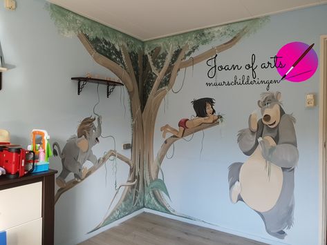 Jungle book muurschildering Jungle Book Nursery, Disney Mural, Book Bedroom, Book Nursery, Baby Boy Room Nursery, Book Room, Book Wall, Landscape Art Painting, Baby Dragon