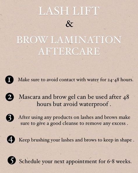 Brow Business Instagram Posts, Laminated Brows And Lash Lift, Lash Lift Brow Lamination, Brow Lamination After Care Instructions, Lash Lift Care, What Is A Brow Lamination, Brow Lamination Tips, Brow Tint Aftercare, Brow Lamination Benefits