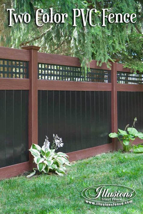 @illusionsfence Rosewood and Black PVC Vinyl Privacy Fence. #fenceideas #dreamyard #fence Backyard Living Spaces, Pool Fence Ideas, Cheap Privacy Fence, Vinyl Fence Panels, Vinyl Privacy Fence, Pvc Fence, Square Lattice, Porch Life, Privacy Fence Designs