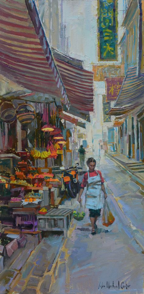 Hong Kong Street, Michael Carter, Hong Kong Art, Composition Painting, Perspective Drawing Architecture, Scene Drawing, Street Painting, Street Market, Beautiful Painting