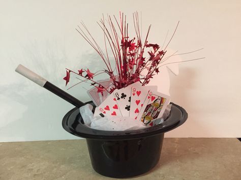 Magic Themed Centerpiece Magic Theme Centerpieces, Magic Centerpieces, Magic Theme Party, Magic Party Theme, Magician Birthday Party, Top Hat Centerpieces, Magic Table, Magician Party, Banquet Centerpieces