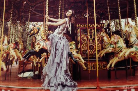 Carnival Queen | ELEGANT MAGAZINE - elegantmag.com Carousel Photoshoot, Dark Beauty Magazine, Night Circus, Carousel Horse, Carousel Horses, Merry Go Round, Shooting Photo, Photoshoot Photography, Fashion Photography Editorial