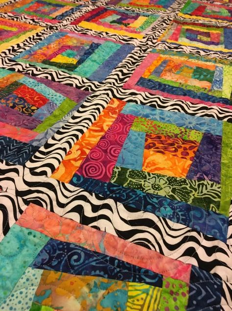 Wonky Blocks Quilt, Crazy Log Cabin Quilt, Batik Quilts Patterns, Crazy Log Cabin Block, Batik Quilt Ideas, Wonky Log Cabin Quilt Pattern, Quilts Made With Batiks, Batik Scrap Quilts, Wonky Log Cabin Blocks