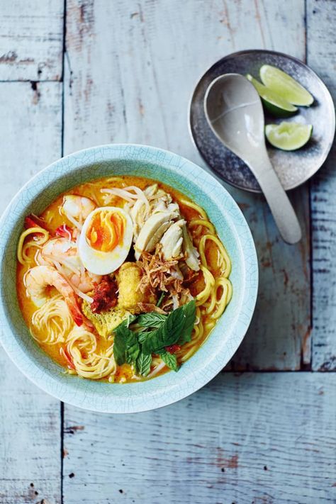 Recipe: Malaysian Curry Laksa (Kari Laksa Nyonya) | Kitchn Laksa Recipe, Korean Food Recipes, Malaysian Curry, Curry Laksa, Chili Oil Recipe, Tom Yum Soup, Crispy Shallots, Pork Soup, Rice Vermicelli