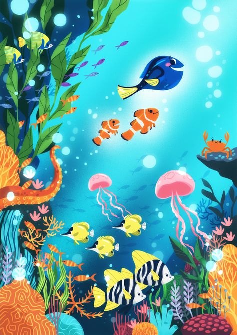 Undersea Illustration, Ocean Illustration, Sea Illustration, Underwater Painting, Underwater Scene, Underwater Art, Finding Dory, 수채화 그림, Sea Art