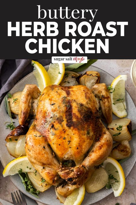 This buttery herb roasted chicken, is flavourful, perfectly succulent and so easy to make. A whole roast chicken with perfect golden skin, seasoned with fresh herbs, garlic, lemon and butter for the best flavor. 70 Hair, Whole Roast Chicken, Golden Skin, Simple Dinners, Herb Roasted Chicken, Herb Chicken, Chicken Meals, Slow Roast, Roast Chicken Recipes