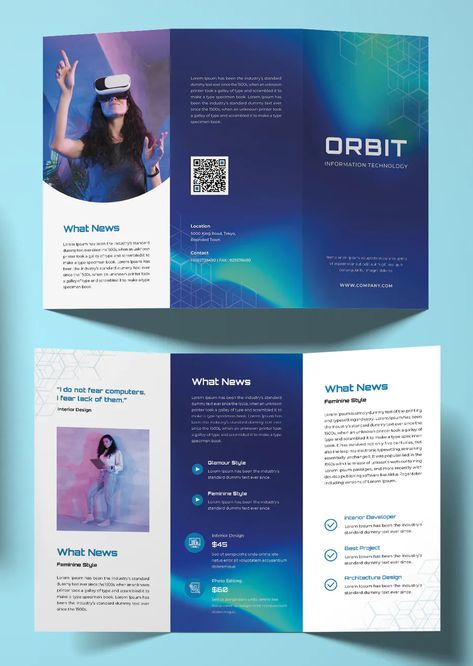 Technology Trifold Brochure Template INDD Tech Company Brochure Design, Product Pamphlet Design, Modern Trifold Brochure Design, Tech Brochure Design, Trifold Brochure Design Creative, 3 Fold Brochure Design, Graphic Design Brochure Layout, Technology Brochure Design, Tech Brochure