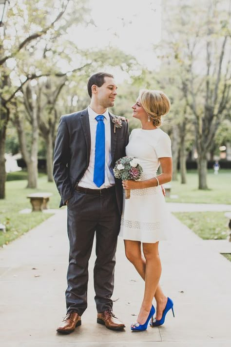 Casual Bride And Groom Outfits, White Dress Blue Heels, Wedding Dress With Blue Shoes, Fall Courthouse Wedding Dress, Casual Courthouse Wedding Outfit, Casual Wedding Dress Courthouse, Civil Wedding Ideas, Casual Wedding Photos, Causal Wedding