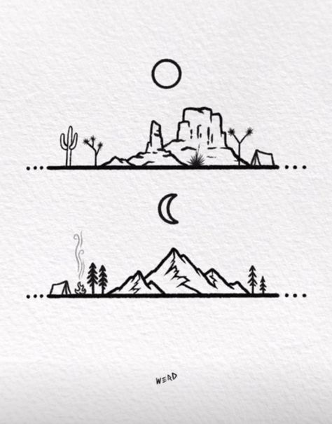 Minimalist Forest Tattoo, Desert Doodles, Adventure Drawing, Travel Tattoo Ideas, Skyline Tattoo, Hyper Realistic Tattoo, Travel Tattoos, Tattoo Time, Forest Tattoos