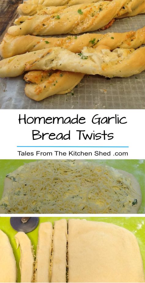 Homemade Garlic Bread Twists - these are sure to disappear quickly! Twisted with a Cheese & Herb mixture or Sundried Tomato & Bacon or Roasted Red Pepper & Feta Cheese. Why not try them all ? Garlic Bread Twists, Garlic Twist, Bread Twists, Cheese Twists, Homemade Garlic Bread, Garlic Cheese, Bacon Tomato, Sundried Tomato, Savoury Baking