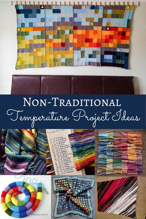 Learn how to make a temperature blanket and check out this list of awesome non-traditional temperature blanket and project ideas! Black And White Temperature Blanket, Muted Temperature Blanket Crochet, Knit Weather Blanket, Unique Temperature Blanket Crochet, Knitting Temperature Blanket, Weather Knitted Blanket, Crochet Granny Square Temperature Blanket, Temperature Blanket Highs And Lows, Corner To Corner Temperature Blanket