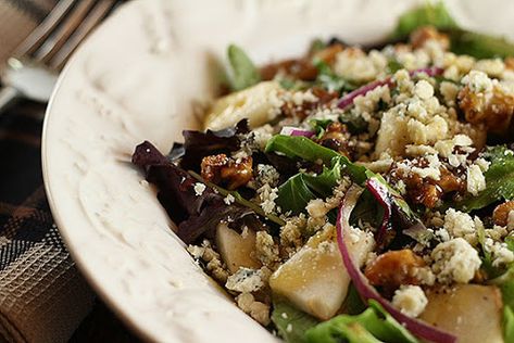 Pear, Walnut and Bleu Cheese Salad with Maple Dijon Dressing from Nordstrom’s Cafe by Alice V - Key Ingredient Maple Dijon Dressing, Nordstrom Cafe, Pecan Halves, Gorgonzola Salad, Caramelized Walnuts, Vinegar Salad, Colorado Food, Dijon Dressing, Blue Cheese Salad