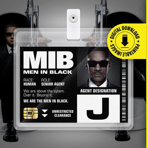 FAN ART - NOT OFFICIALLY LICENSED MERCHANDISE 👽 Unleash Your Inner Agent! 👽 Transform into a stylish Men in Black agent with our MIB ID Badge Card, perfect for Halloween, cosplay, or MIB themed parties! This professionally designed, high-quality printable PDF file allows you to print your very own MIB identification badge with ease. 🚀 What You'll Receive: One (1) Printable PDF file for the MIB ID Badge Card Card size: 2.375 inches x 3.375 inches (6 cm x 8.5 cm) 🛸 Instant Download: Upon purch Diy Kostüm, Special Agent, Black Costume, Men In Black, Printable Tags, Printable Image, Fete Halloween, Card Card, Diy Costumes