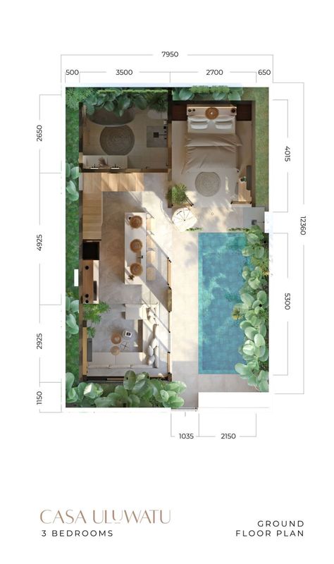 Bali House Plans Layout, Small Bali Villa Floorplan, 2 Bedroom Villa Floor Plan, Small Bali House, Tiny Villa Design, Small Villa Plan, Small Villa Design, Tiny Villa, Tiny House With Pool