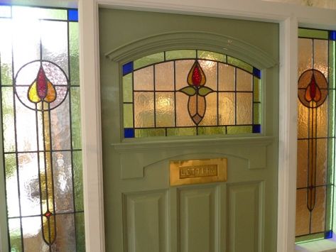 Stained Glass Front Door, 1930s Doors, Stained Glass Doors, Front Door Canopy, Front Door Inspiration, Yellow Front Doors, Garage Door Types, Stained Glass Door, Porch Doors