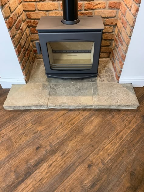 Reclaimed Stone Flags - Yorkshire Stoves & Fireplaces Brick Fireplace Log Burner, Fireplace Floor, Exposed Brick Fireplaces, Wood Stove Hearth, Wood Burner Fireplace, Wood Burning Stoves Living Room, Log Burner Fireplace, Log Burner Living Room, Brick Living Room