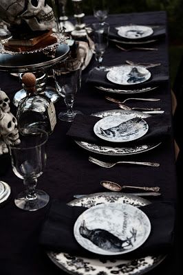 Black Tablescape, Moody Color Palette, Halloween Tablescape, Black Plum, Gothic Halloween, Halloween Celebration, Aged Brass, Grown Up, Vintage Silver