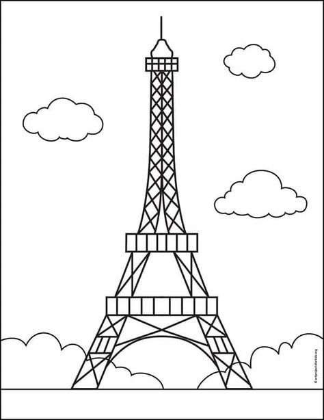 Easy How to Draw the Eiffel Tower Tutorial and Eiffel Tower Coloring Page Eiffel Tower Art For Kids, Eiffel Tower Painting Easy, Eiffel Tower Drawing Easy, Eiffel Tower Printable, Eiffel Tower Drawing, Tower Drawing, Tower Painting, Eiffel Tower Painting, Stitch Coloring Pages