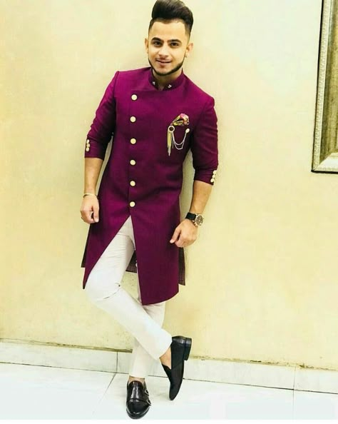 client in plain purple indowesrtern sherwani.Inquiry whatsapp 91-9511613559 or ethnicdia@gmail.com - Copy New Style Dress, Mens Indian Wear, Sherwani For Men Wedding, Boys Kurta Design, Wedding Kurta For Men, Groom Dress Men, Indian Groom Wear, Wedding Dresses Men Indian, Mens Sherwani