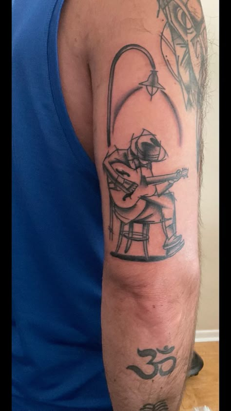 Country Music Tattoos Men, Blues Tattoos Music, Dire Straits Tattoo, Classic Rock Tattoos, Music Tattoos Men, July Tattoos, Jimi Hendrix Tattoo, Guitar Tattoos, Musician Tattoo