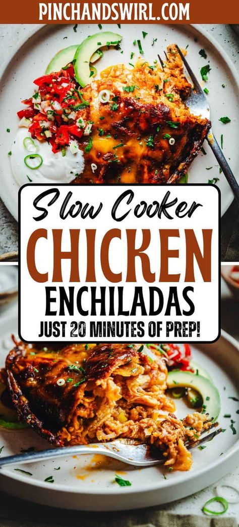 Craving Mexican food but short on time? These layered chicken enchiladas come together quickly in your slow cooker. Spicy, cheesy, and oh-so-satisfying! Perfect for busy weeknights or feeding a crowd. Slow Cooker Chicken Enchiladas, Easy Chicken Enchiladas, Mexican Comfort Food, Fall Meal, Chicken Enchiladas Easy, Easy Slow Cooker Chicken, Weekend Cooking, Easy Slow Cooker Recipes, Hearty Stews