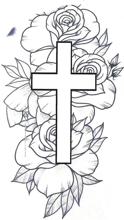 Inner Tattoos Bicep Woman, Sleeve Tattoos Stencil Design, Roses With Cross Tattoo, Cross With Roses Drawing, Rose And Cross Tattoos, 2004 Tattoos, Stencil Tattoo Ideas For Women, Half Sleeve Tattoo Stencils For Men, Rose Tattoo Design Outline